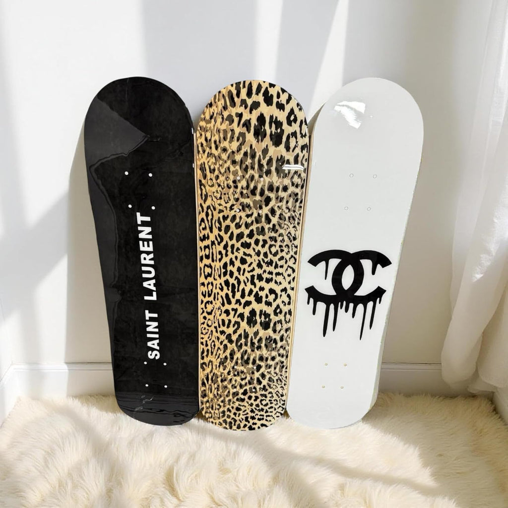 BDTrims 3 Pack Designer-Influenced Pop Art Skateboard Deck Set, Black White and Leopard Print, Premium 7-Ply Maple, Wall Decor, Customization Available