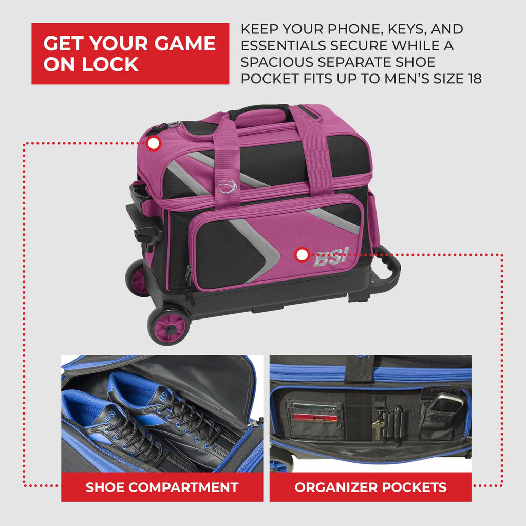 BSI Dash Roller Bowling Bag with Smooth Rolling Wheels, Padded Ball Compartment, Retractable Locking Handle, & Shoe Pocket