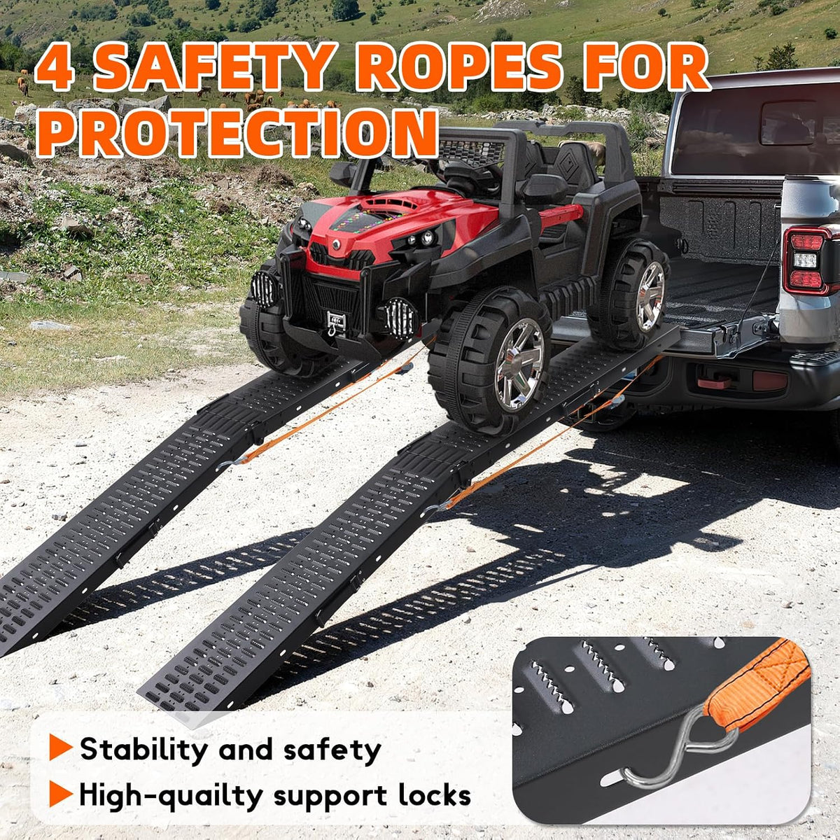 72.5" Heavy Duty Folding Loading Ramps with Sandblasted Finish, 1500lb Capacity, Ideal for Motorcycles, Lawn Mowers, ATVs, UTVs, and More â Pack of 2 with Safety Straps and Gloves