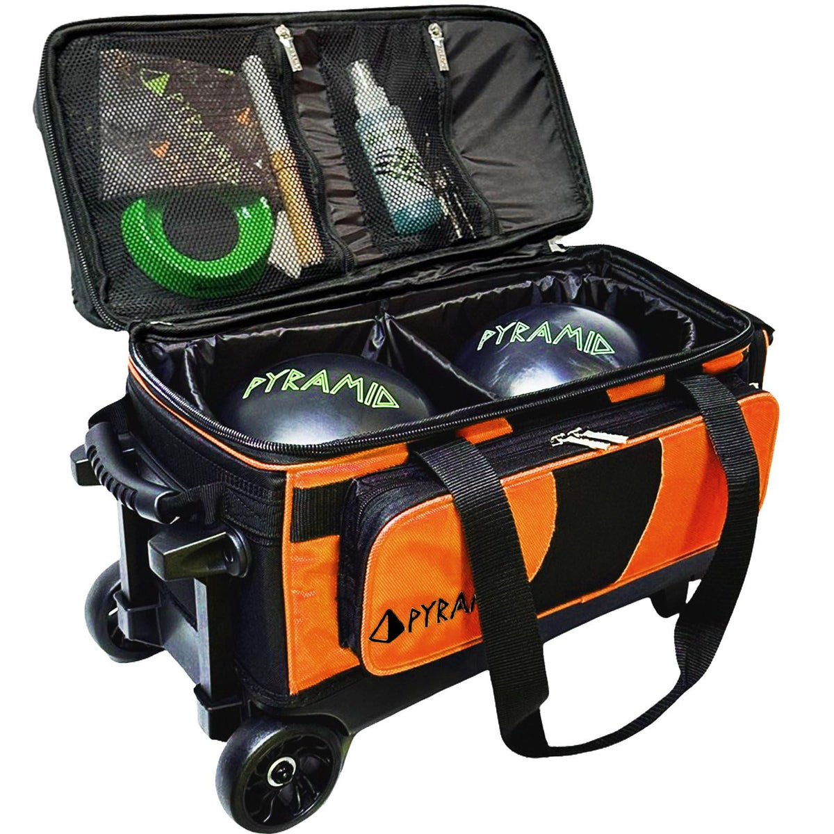 Pyramid Deluxe Double Roller 2 Ball Bowling Bag with Large Separate Shoe Compartment (Up To 2 Pairs Of Shoes) and Accessory Pockets, Sturdy Square Handle - Extends to 40" - Pro Options Available