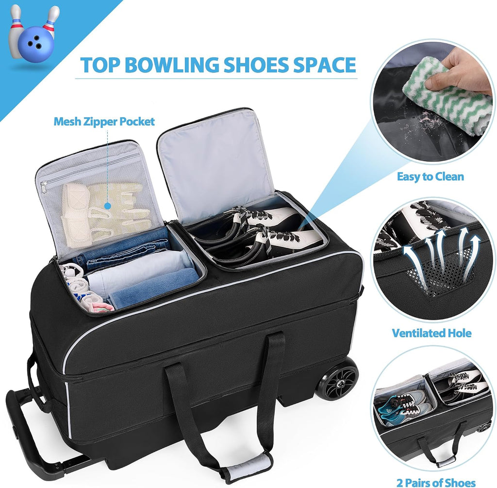 GOBUROS 3 Ball Roller Bowling Bag with Large Wheels and Shoes Compartment
