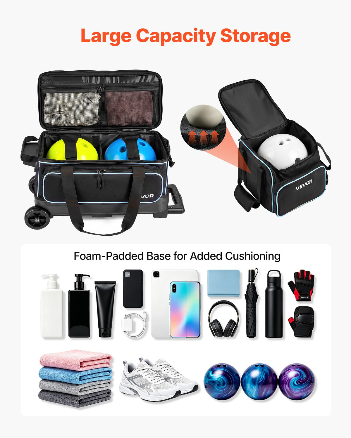 VEVOR 3 Ball Bowling Bag Double Roller Bag with Separate Shoe Compartment