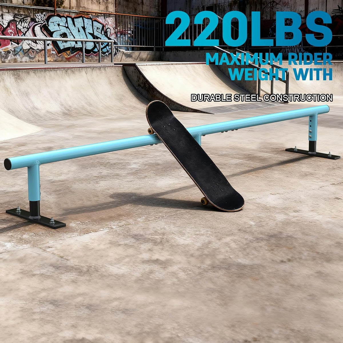AUH Skateboard Ramp Grind Rail 71 inch, Round Skate Rail for for Scooters, Skateboards & Inline Skates, Adjustable Height, Blue