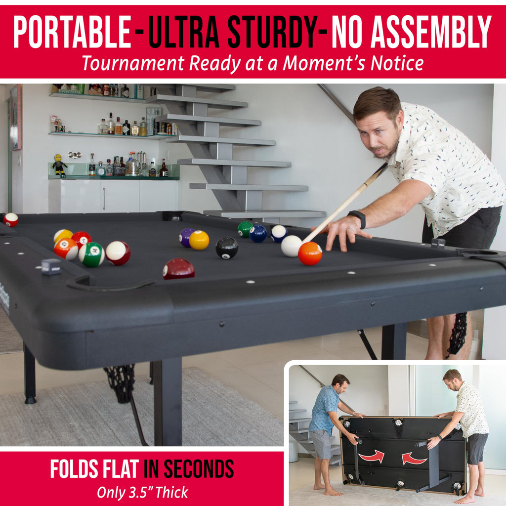 GoSports 6, 7, or 8 ft Portable Billiards Tables - No Assembly, Includes Set of Balls, 2 Cue Sticks, Chalk, Felt Brush