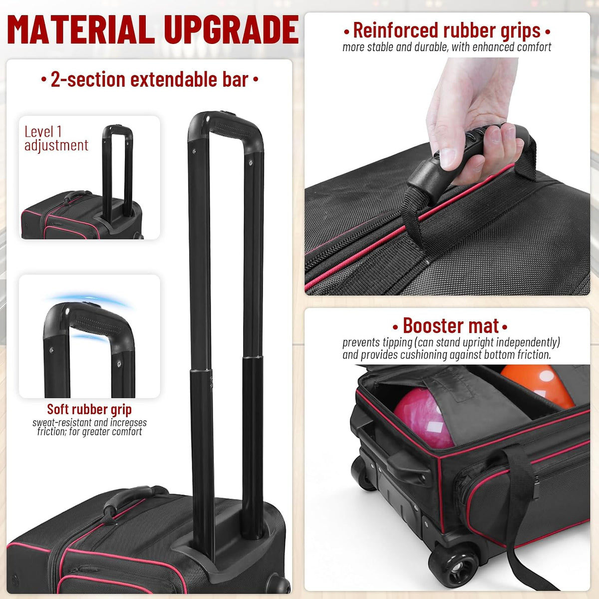 3 Ball Bowling Bag with Wheels,Bowling Bag 2 Ball Roller +1 Ball Tote,Large Sturdy Wheels,Dry & Wet Separation Shoe Compartment,1680D Waterproof Oxford,Retractable Handle,Includes Bowling Ball Towel