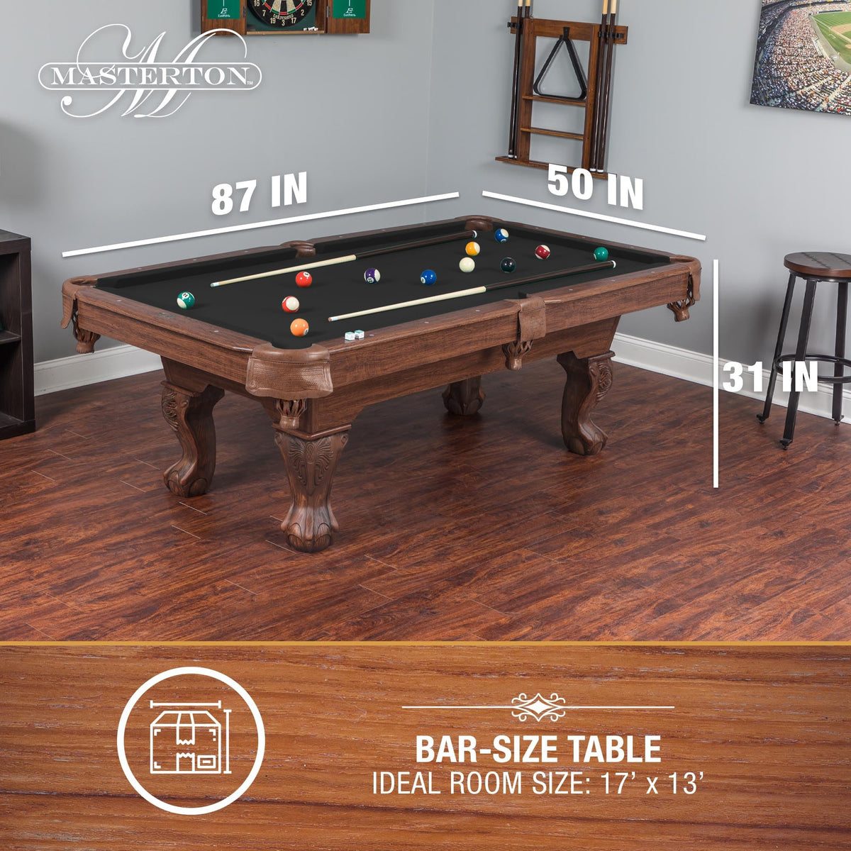 EastPoint Masterton 2.0 Pool Table, 2 Pool Cues, Balls, Chalk, Rack & Cover