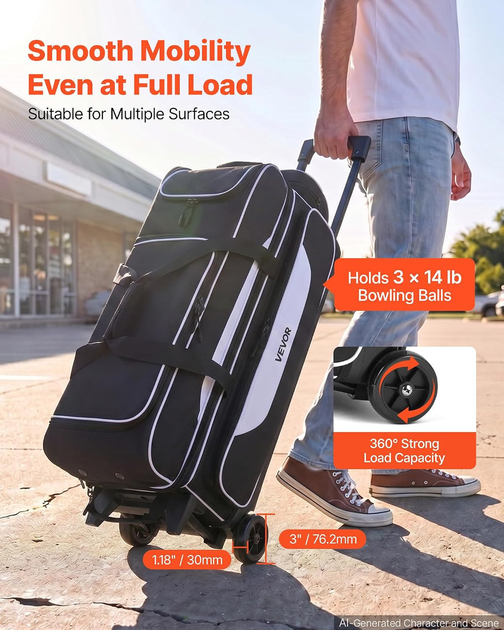 VEVOR 3 Ball Bowling Bag Double Roller Bag with Separate Shoe Compartment