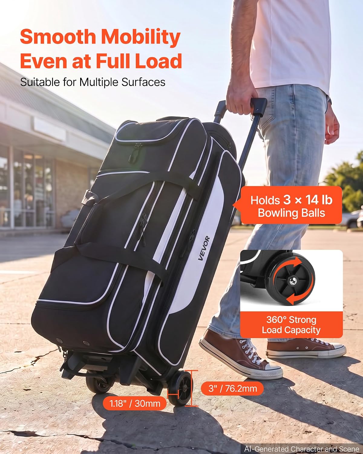 VEVOR 3 Ball Bowling Bag Double Roller Bag with Separate Shoe Compartment