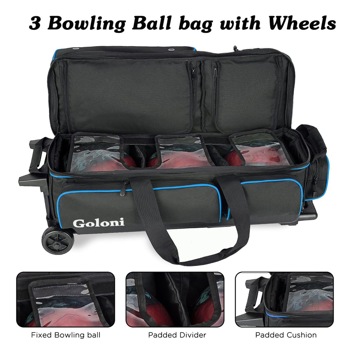 Goloni 3 Ball Bowling Bags with Wheels,Rolling Bowling Ball Bag for 3 Bowling Balls & Bowling Accessories -Retractable Handle Extends to 38"