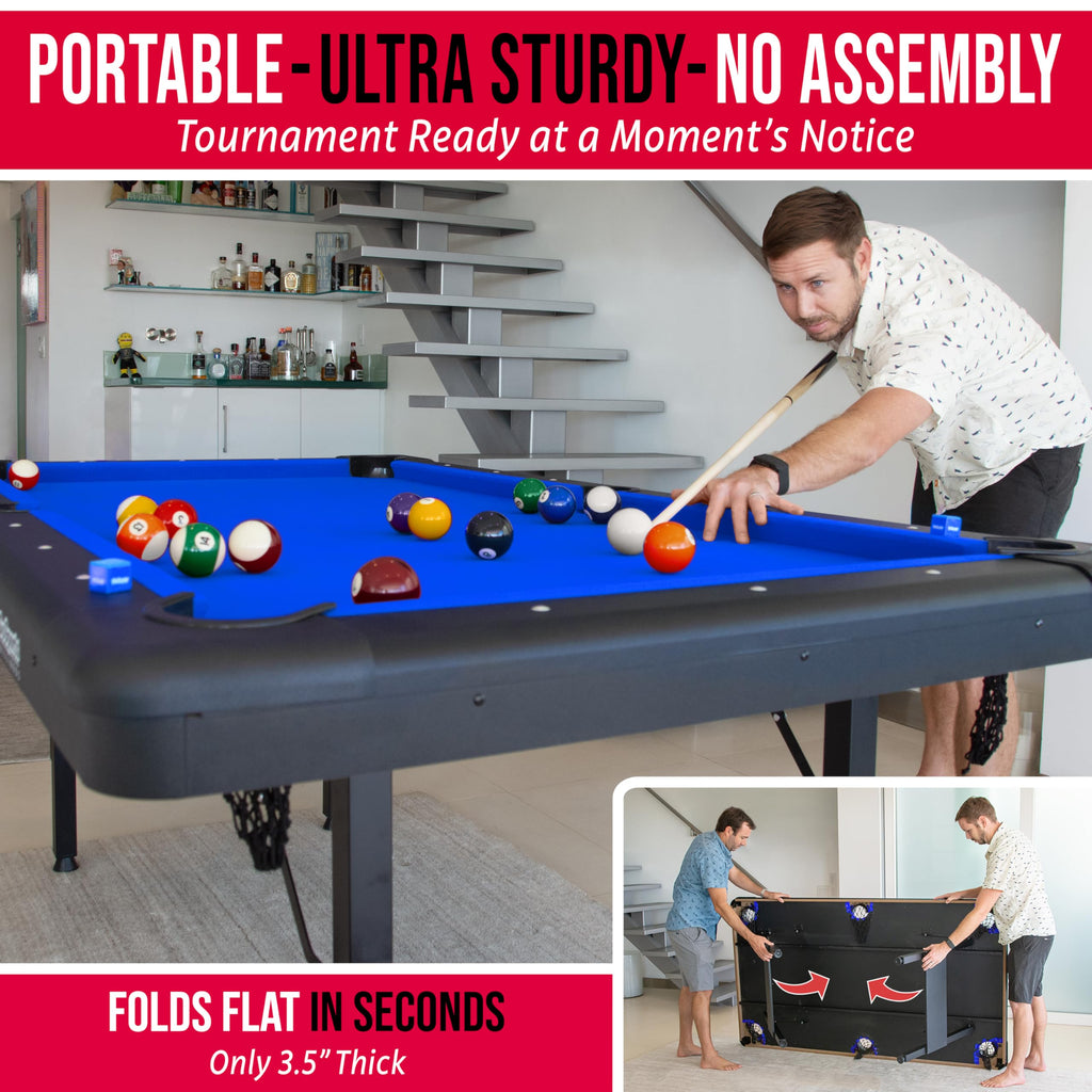 GoSports 6, 7, or 8 ft Portable Billiards Tables - No Assembly, Includes Set of Balls, 2 Cue Sticks, Chalk, Felt Brush