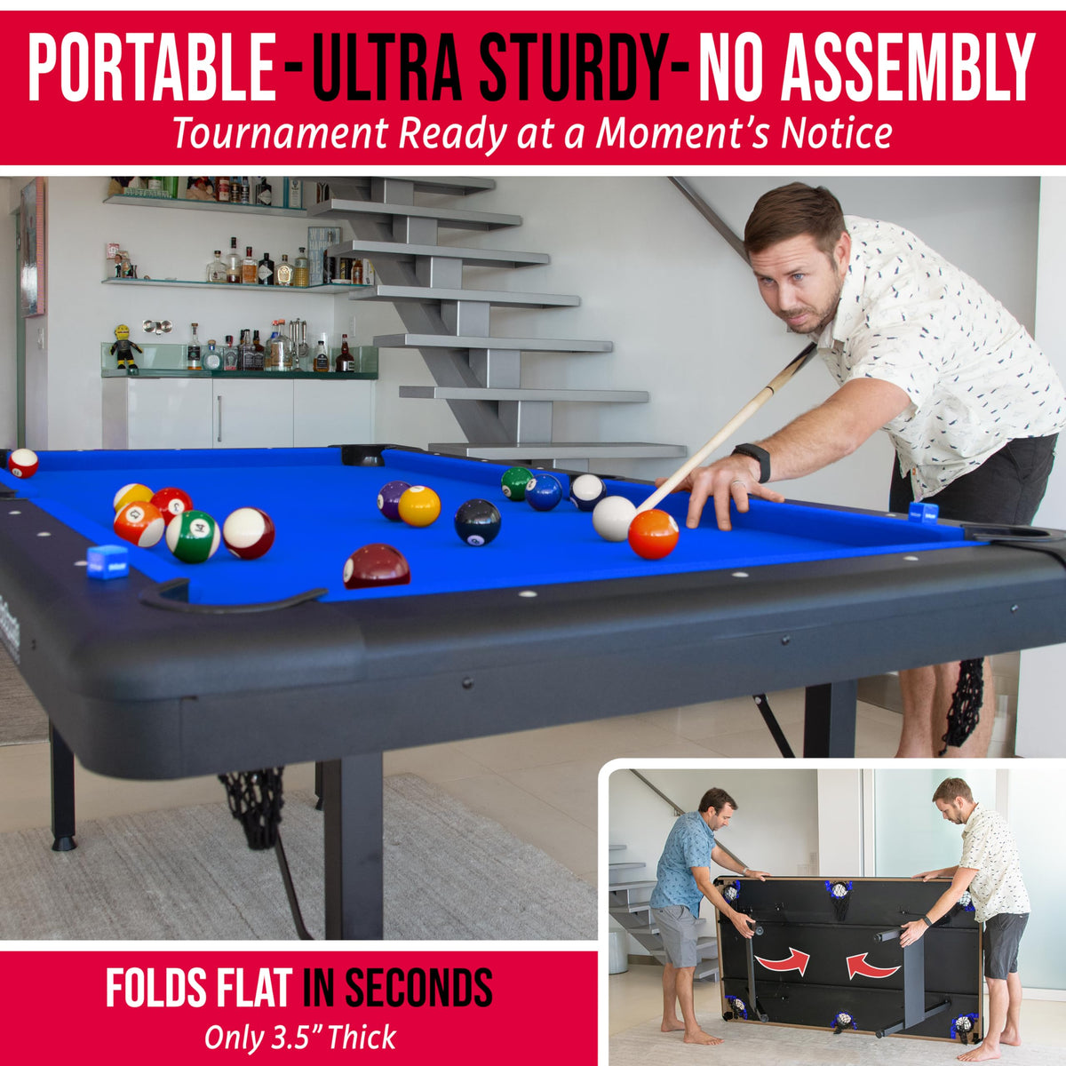 GoSports 6, 7, or 8 ft Portable Billiards Tables - No Assembly, Includes Set of Balls, 2 Cue Sticks, Chalk, Felt Brush