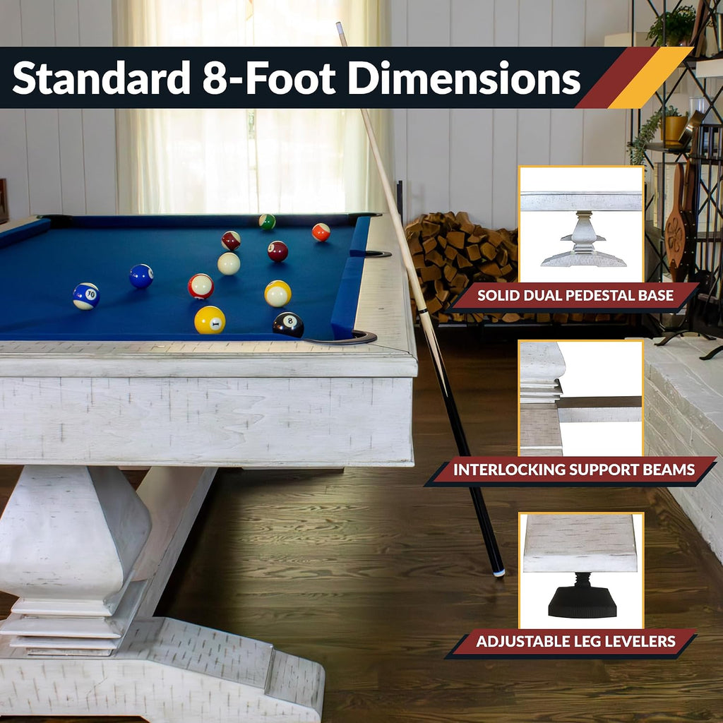 Hathaway Montecito 8ft Pool Table for Game Room â Billiard Table with Poly-Coated Non-Slate Playfield, Drop Pockets, Leg Levelers â Includes Cues, Pool Balls, Chalk, Triangle, Brush â Driftwood Finish