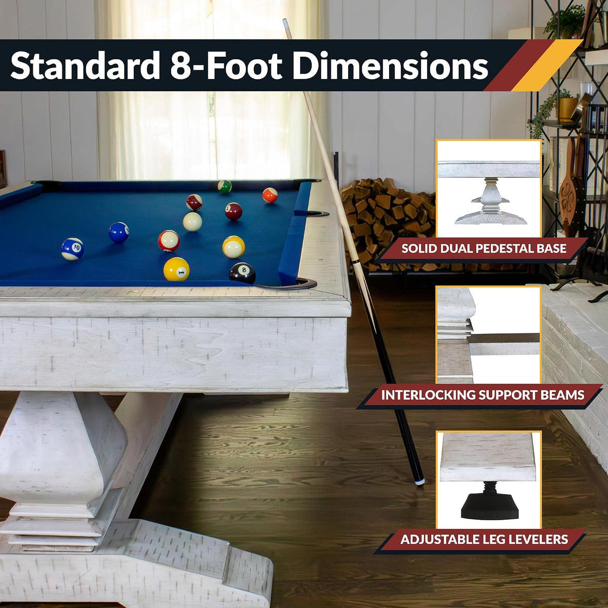 Hathaway Montecito 8ft Pool Table for Game Room â Billiard Table with Poly-Coated Non-Slate Playfield, Drop Pockets, Leg Levelers â Includes Cues, Pool Balls, Chalk, Triangle, Brush â Driftwood Finish