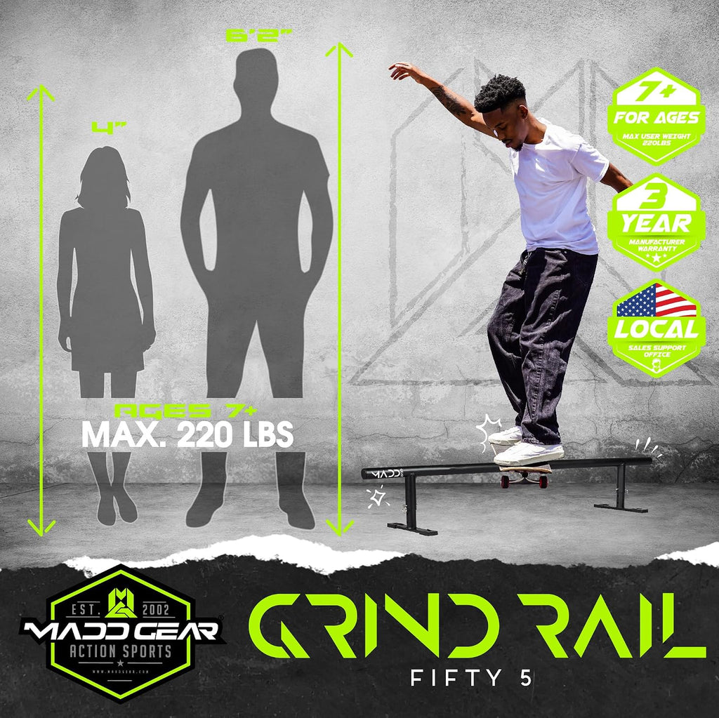 Madd Gear Round Grind Rail for Scooters, Skateboards, Inline Skates â 55" Long, 3-Step Adjustable Height â Durable Heavy-Duty Construction