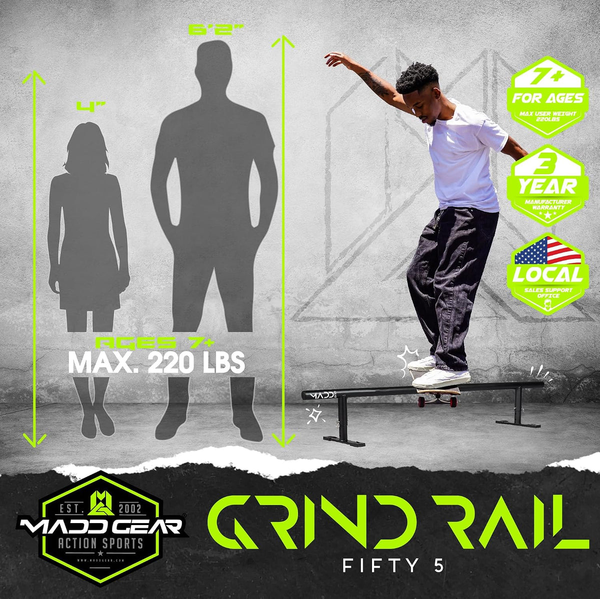 Madd Gear Round Grind Rail for Scooters, Skateboards, Inline Skates â 55" Long, 3-Step Adjustable Height â Durable Heavy-Duty Construction