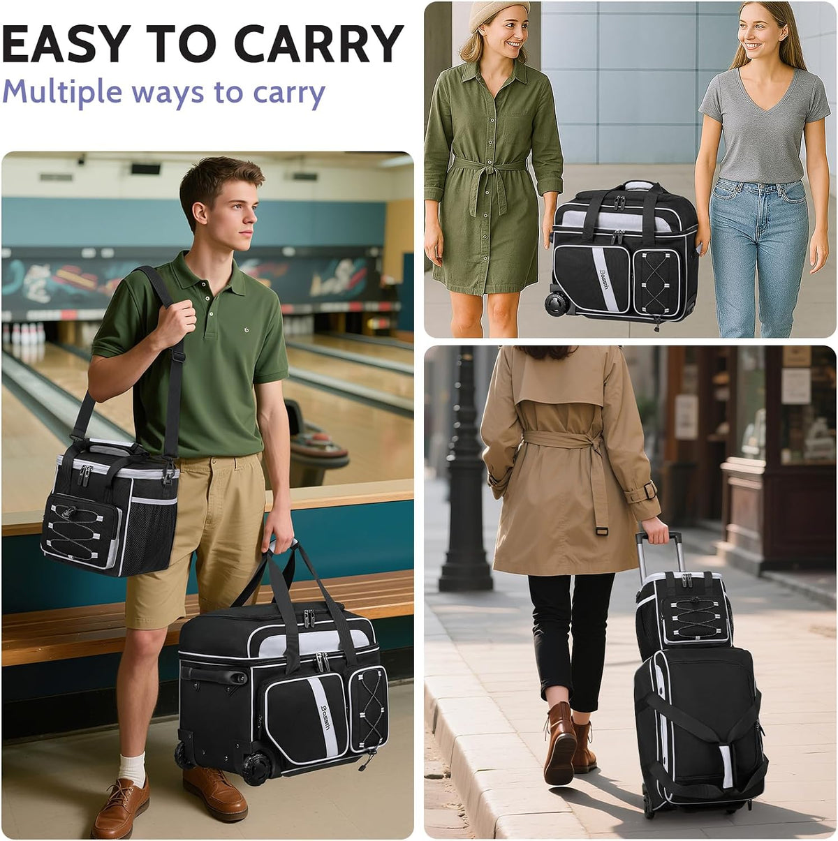 BOSSTIN 3 Ball Bowling Bag with Wheels, 2 Ball Roller with Add-on Tote