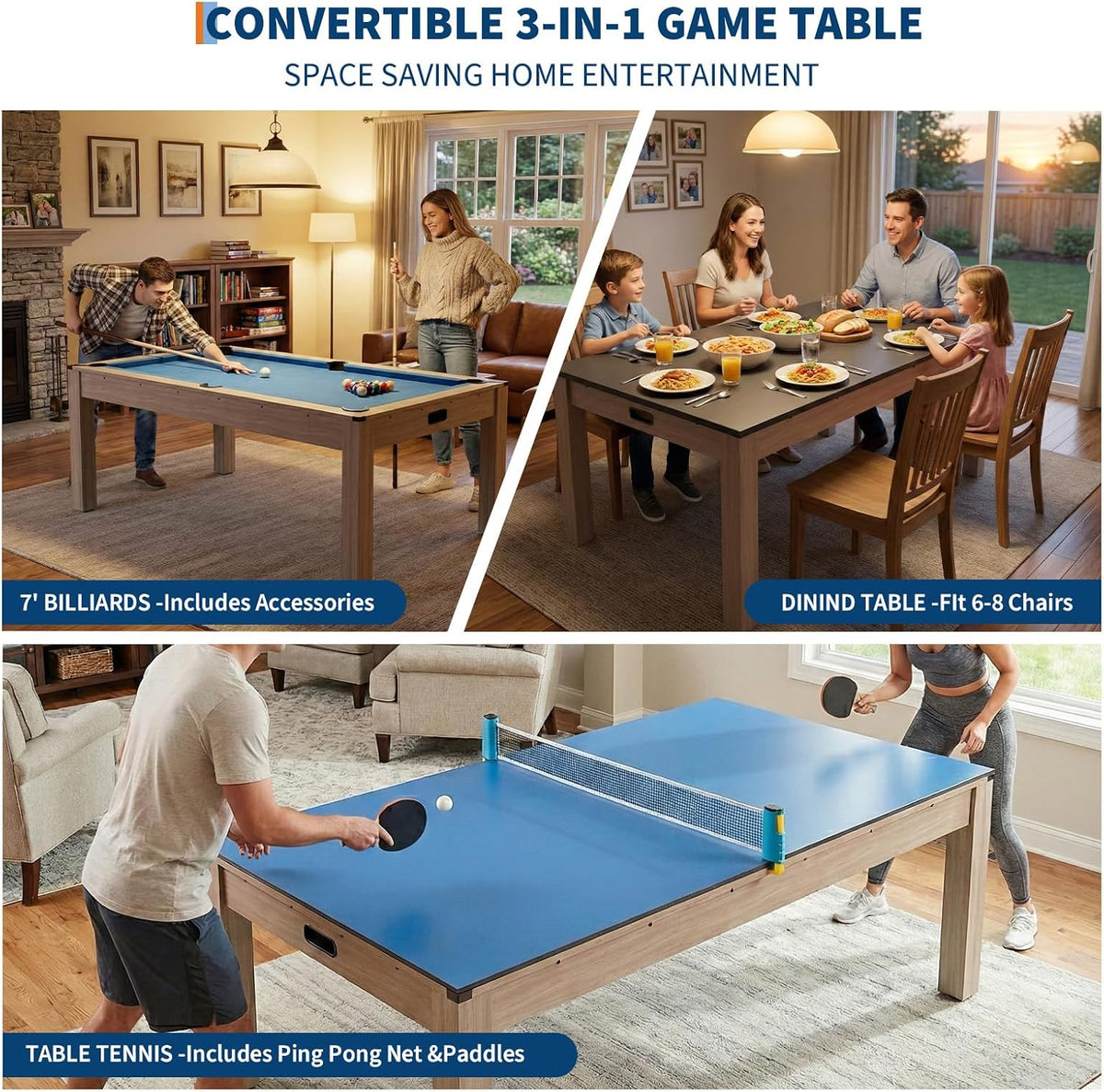 7 ft Pool Table Combo,3 in 1 Pool, Dining, & Table Tennis