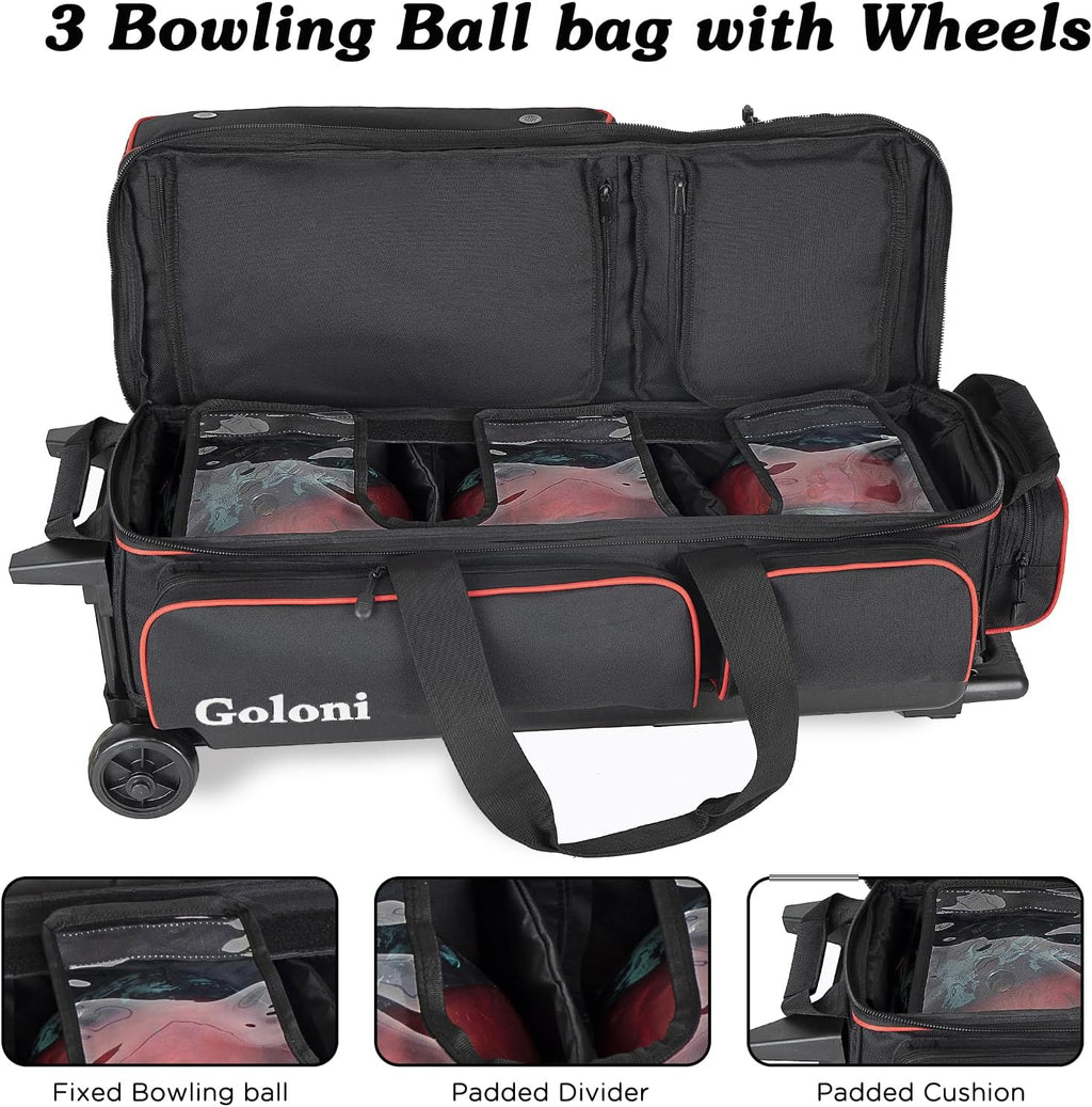 Goloni 3 Ball Bowling Bags with Wheels,Rolling Bowling Ball Bag for 3 Bowling Balls & Bowling Accessories -Retractable Handle Extends to 38"