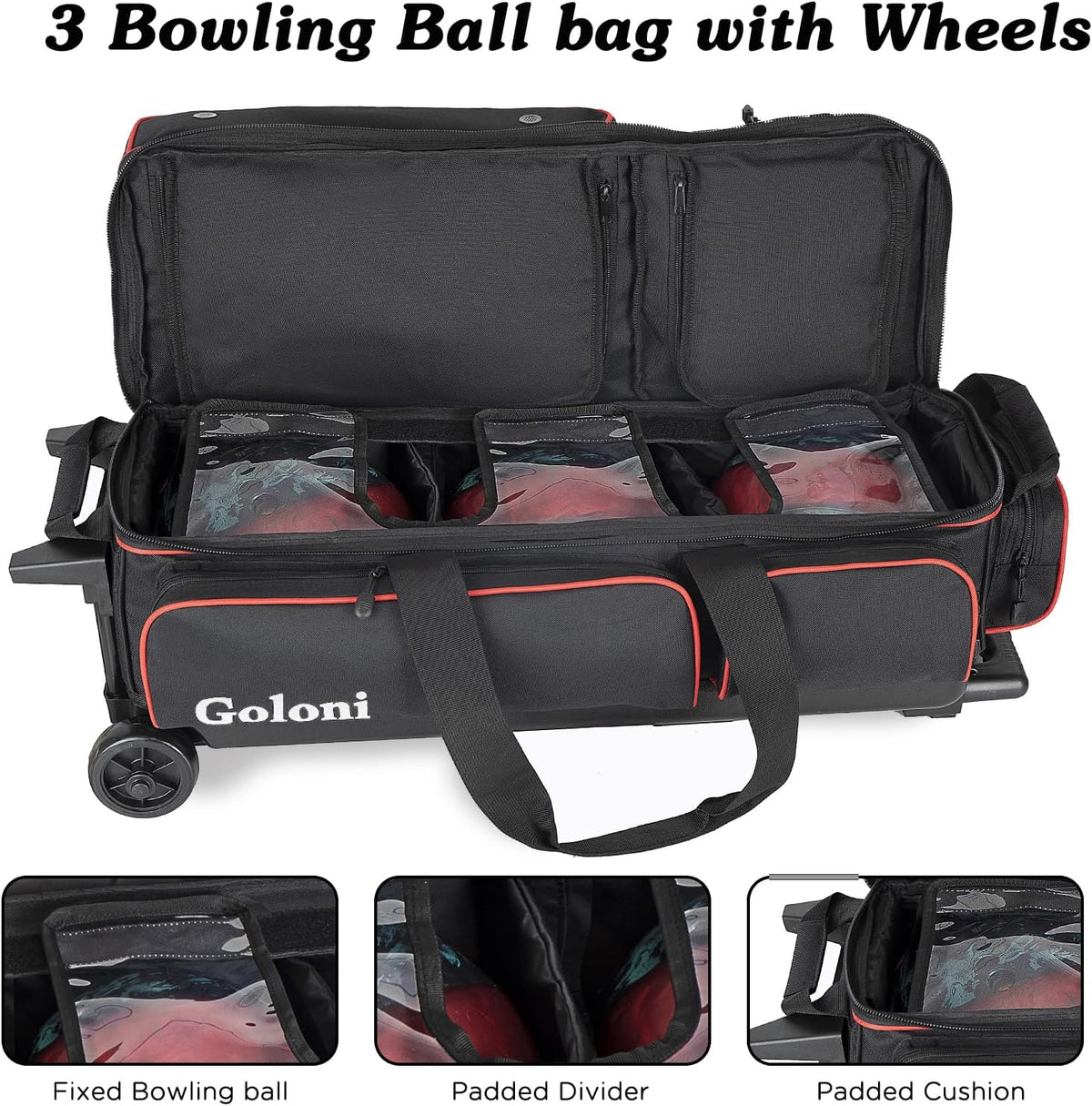 Goloni 3 Ball Bowling Bags with Wheels,Rolling Bowling Ball Bag for 3 Bowling Balls & Bowling Accessories -Retractable Handle Extends to 38"
