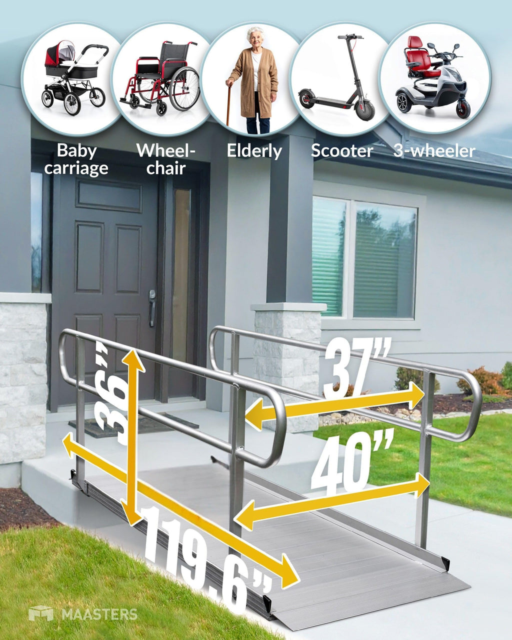 MAASTERS Ramp with Handrails 8 FT, Loading Capacity 850 lbs, ADA Compliant