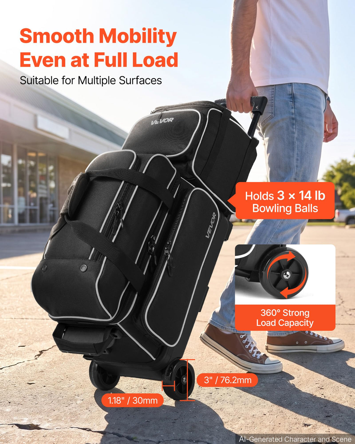 VEVOR 3 Ball Bowling Bag Double Roller Bag with Separate Shoe Compartment