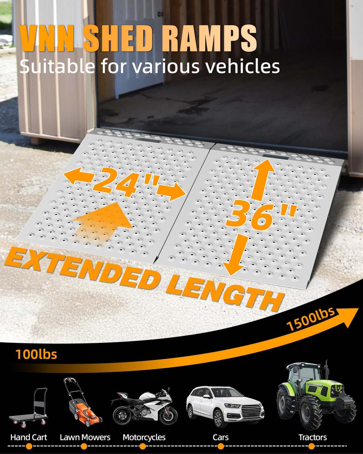 VNN 36" x 24" Shed Ramp for Riding Mower - 800 LB Capacity Shed Ramps, Anti-Slip Punch Plate Ramp for ATV, Motorcycles, Garages & Barns (1PC,Slivery, Alloy)