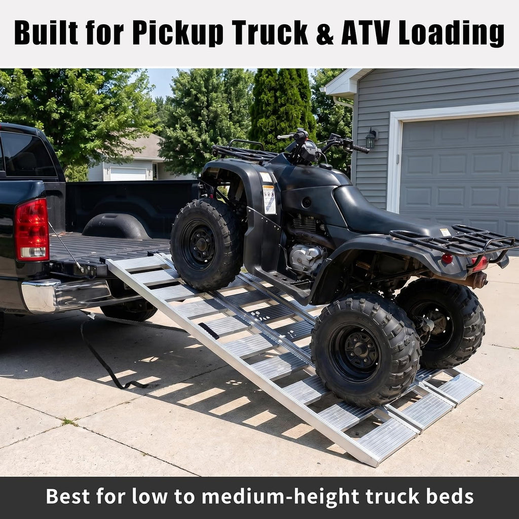 Aluminum Tri-Fold ATV Loading Ramp, 76" x 50" Wide Platform, 1500 lb Capacity with Safety Straps for Lawn Mower, Snow Blower, Motorcycle, Pickup Truck