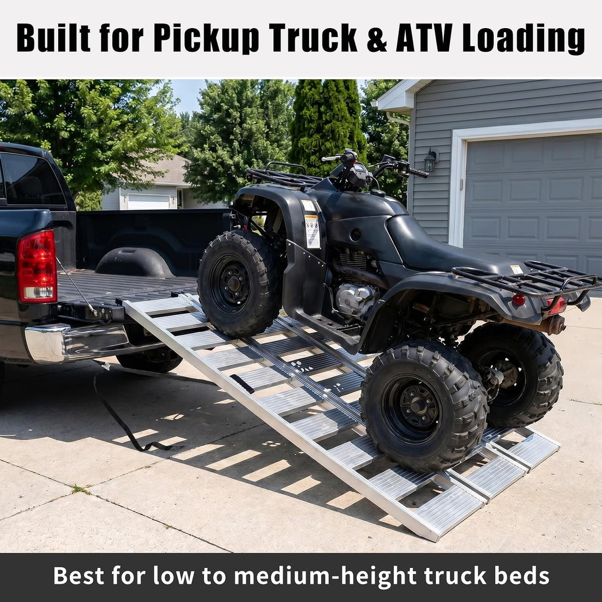 Aluminum Tri-Fold ATV Loading Ramp, 76" x 50" Wide Platform, 1500 lb Capacity with Safety Straps for Lawn Mower, Snow Blower, Motorcycle, Pickup Truck