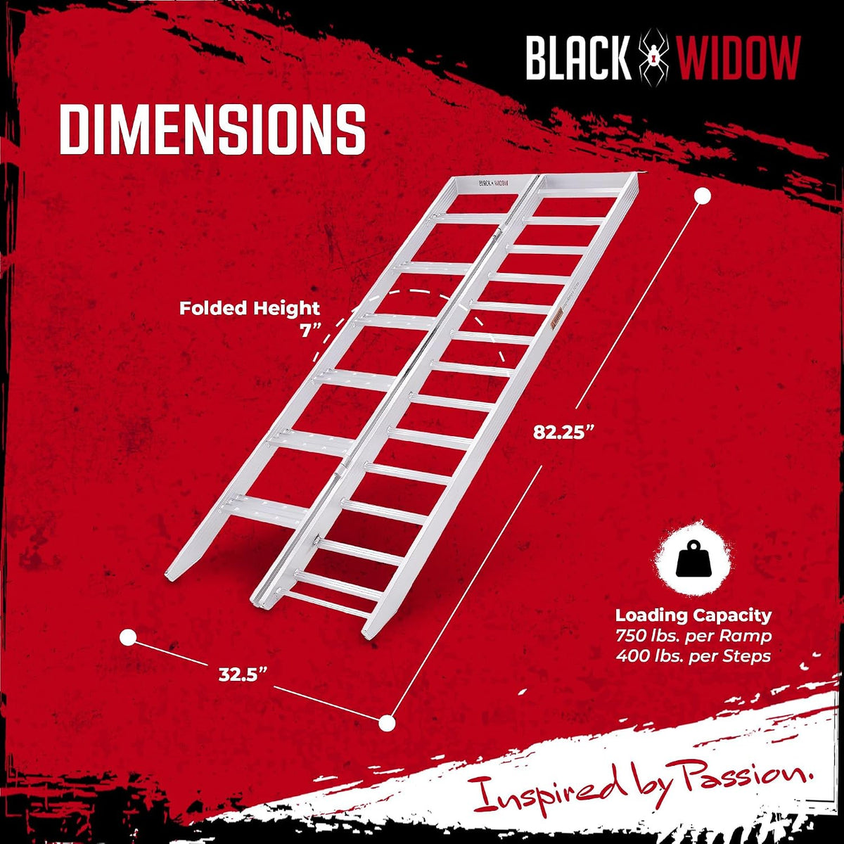 6' 10" Motorcycle Dirt Bike Loading Ramp with Steps, 750 lb, Black Widow