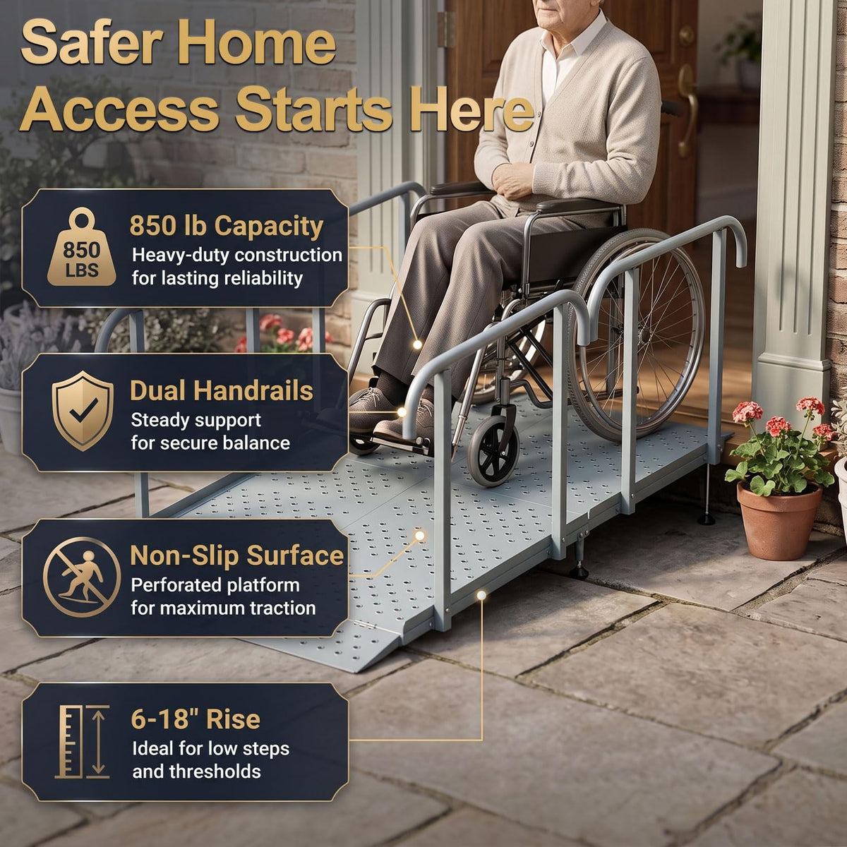 RDCMKL Wheelchair Ramp with Handrails, 3-10" Rise, Non-Slip, Carbon Steel