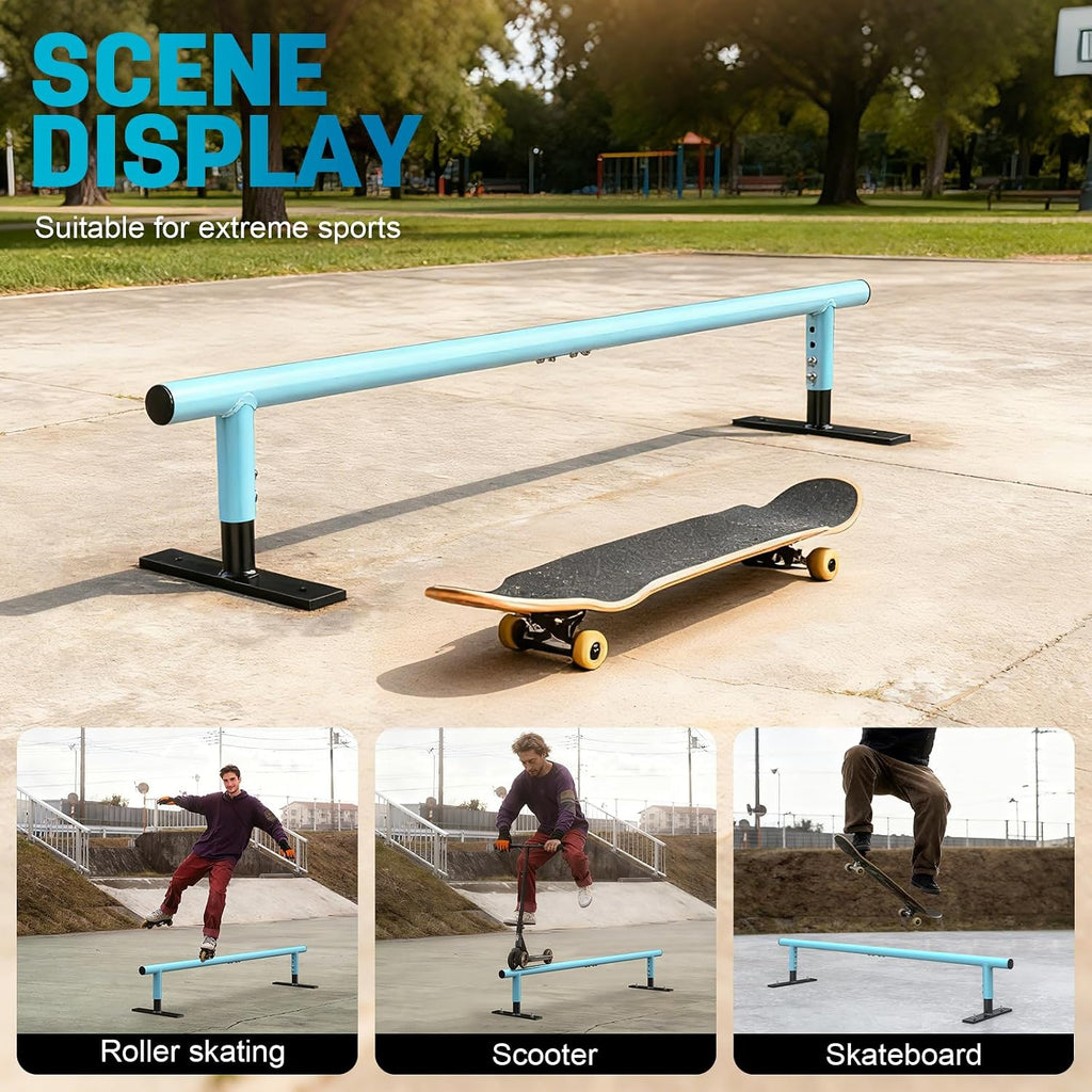 AUH Skateboard Ramp Grind Rail 55 inch Round Skate Rail for for Scooters, Skateboards & Inline Skates, Adjustable Height, Blue