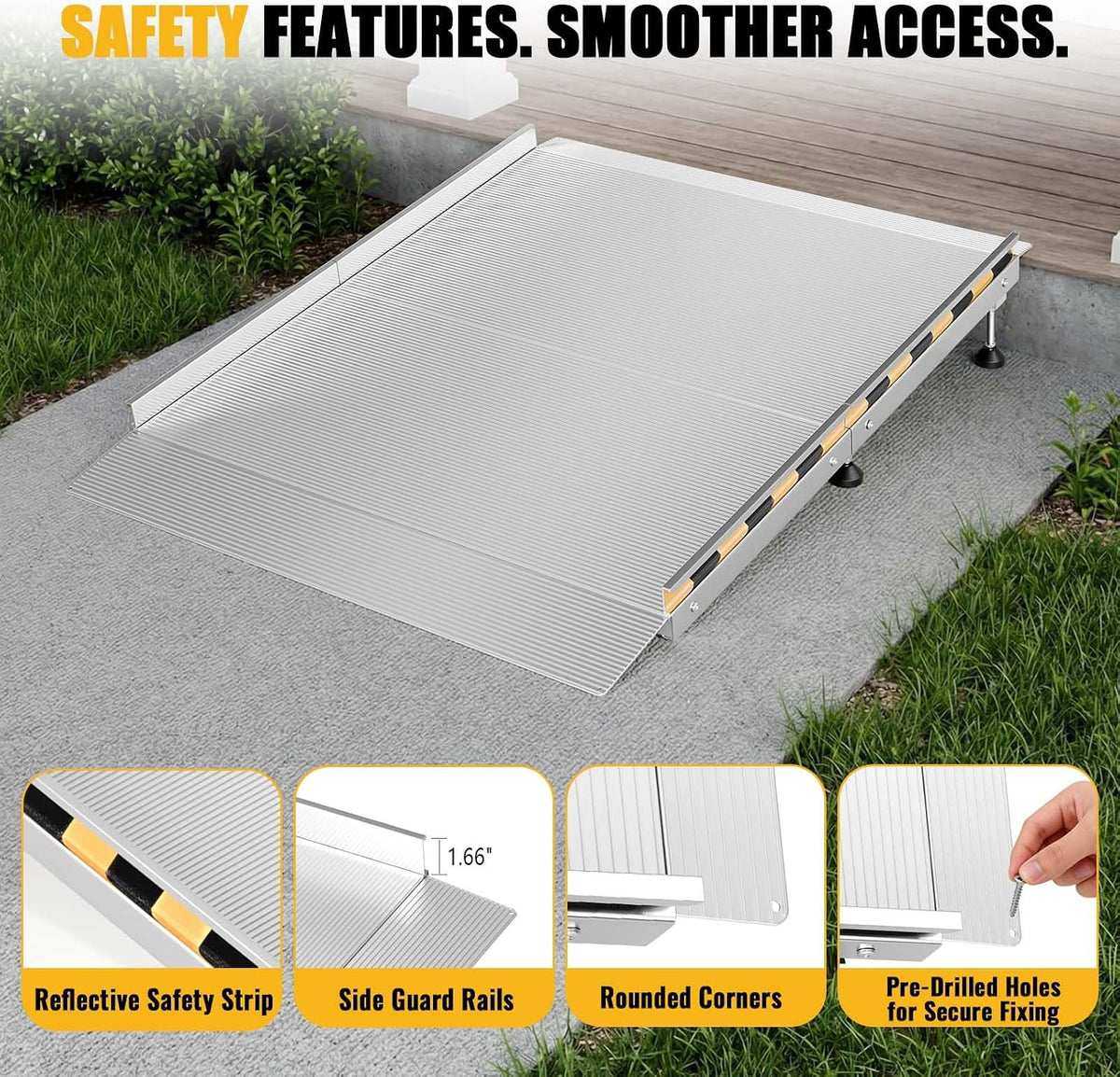 Aluminum Threshold Ramp for Doorways, 48" Ã 36" Wheelchair Ramp for Home, Adjustable for 3.3"â9.2" Step & Threshold Heights, 1000 lb Capacity, Non-Slip Surface, Foldable, for Single Step Entryways