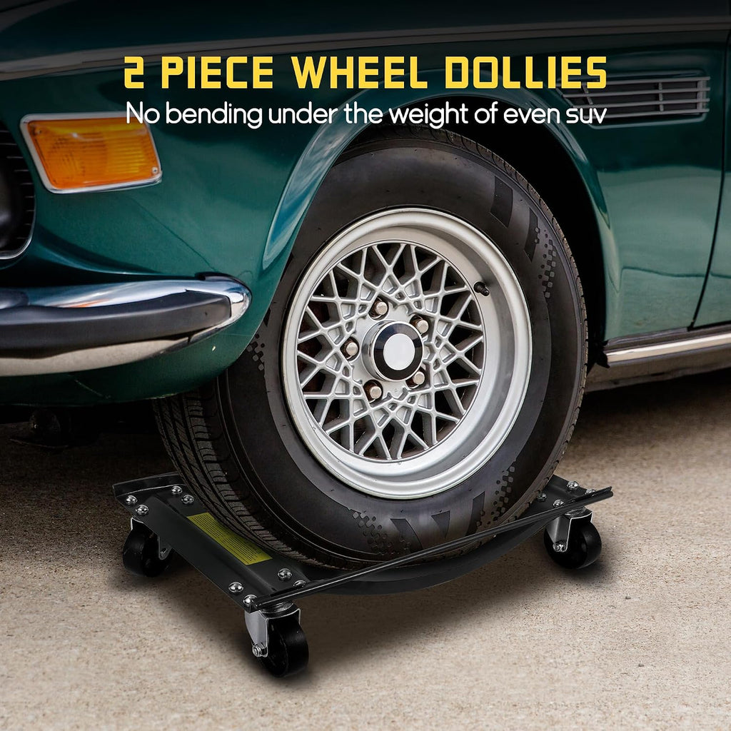 Heavy Duty Car Wheel Dolly Set â 4-Pack, 2500lbs Each (10,000lbs Total) â 24x15in Steel Curved Skates, Side Rails, Lockable Swivel Casters â for Cars, SUVs, Trucks, Motorcycles