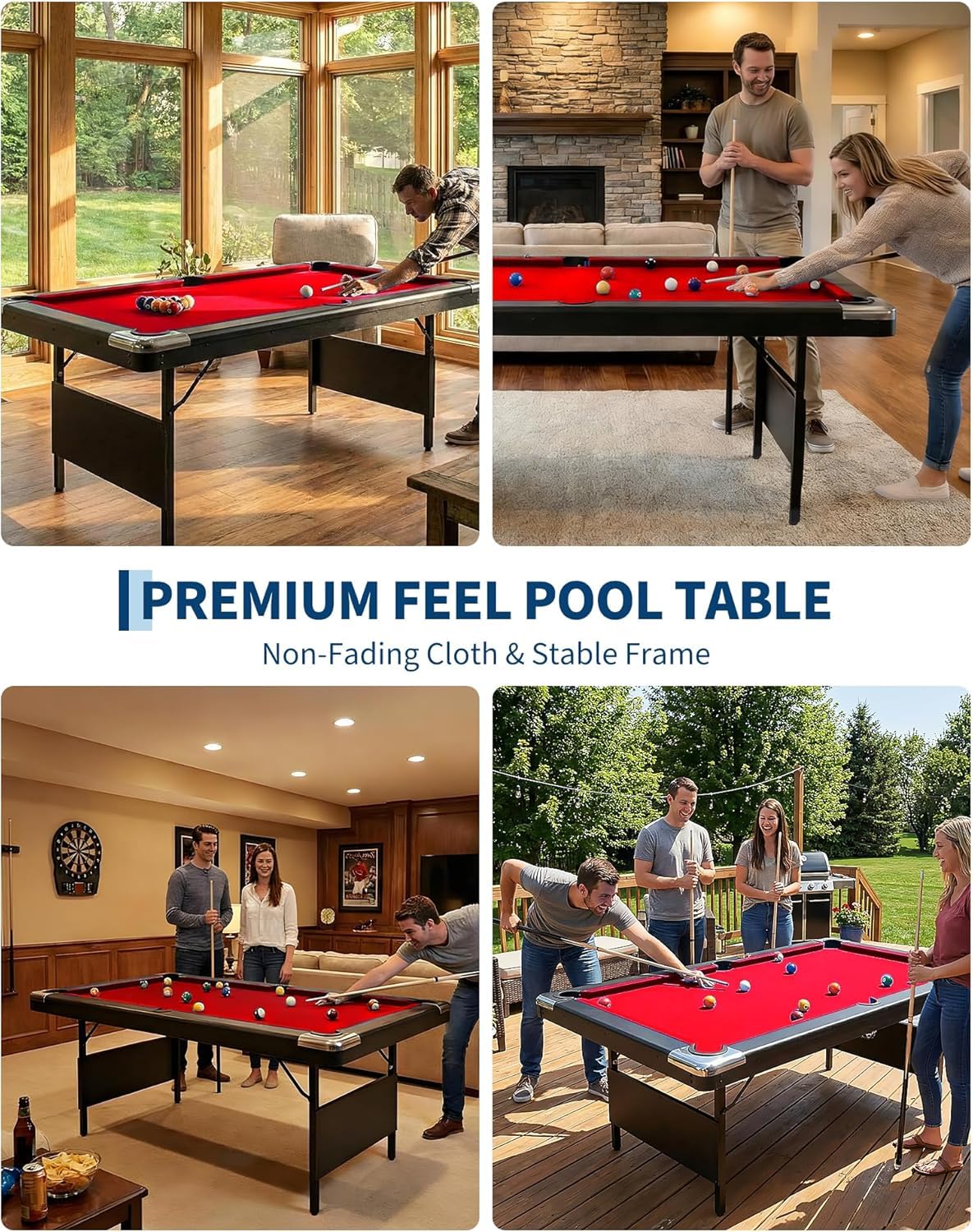 7 Foot Pool Table for Family, Foldable No Assembly Pool Table with Balls, Cues, Chalk, Rack & Brush, Portable Billiards Game Table for Apartment, Basement, Office & Game Room