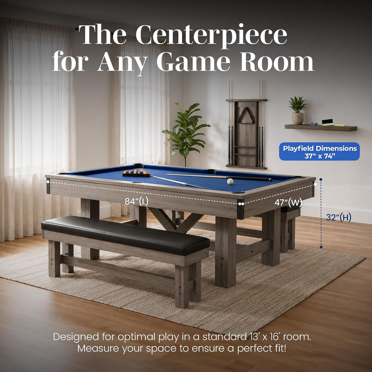 Hathaway Logan 7-ft Pool Table Combo Set with Benches - Rustic Gray with Blue Felt, Barnwood