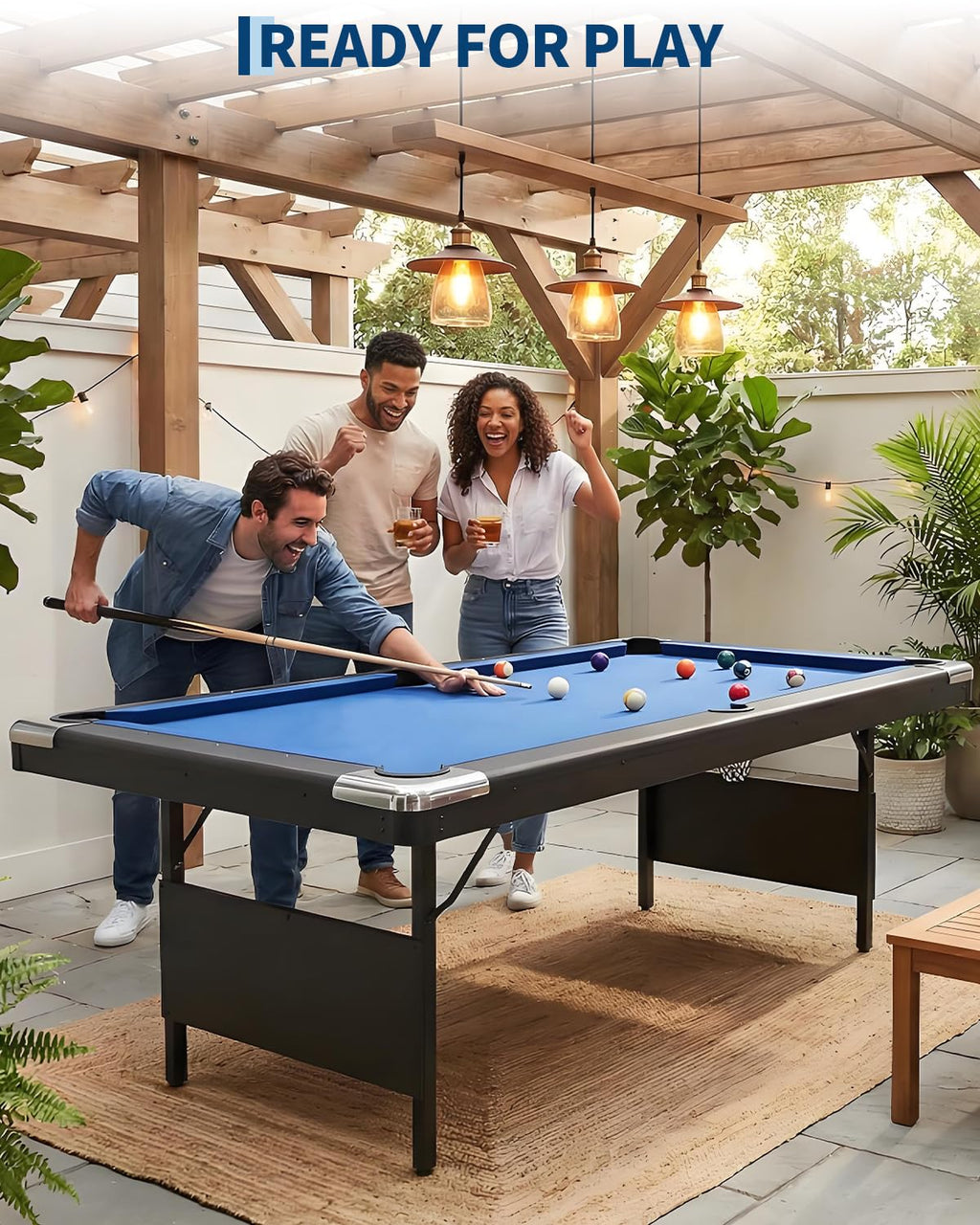 7 Foot Pool Table for Family, Foldable No Assembly Pool Table with Balls, Cues, Chalk, Rack & Brush, Portable Billiards Game Table for Apartment, Basement, Office & Game Room