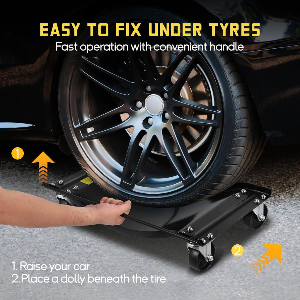 Heavy Duty Car Wheel Dolly Set â 4-Pack, 2500lbs Each (10,000lbs Total) â 24x15in Steel Curved Skates, Side Rails, Lockable Swivel Casters â for Cars, SUVs, Trucks, Motorcycles
