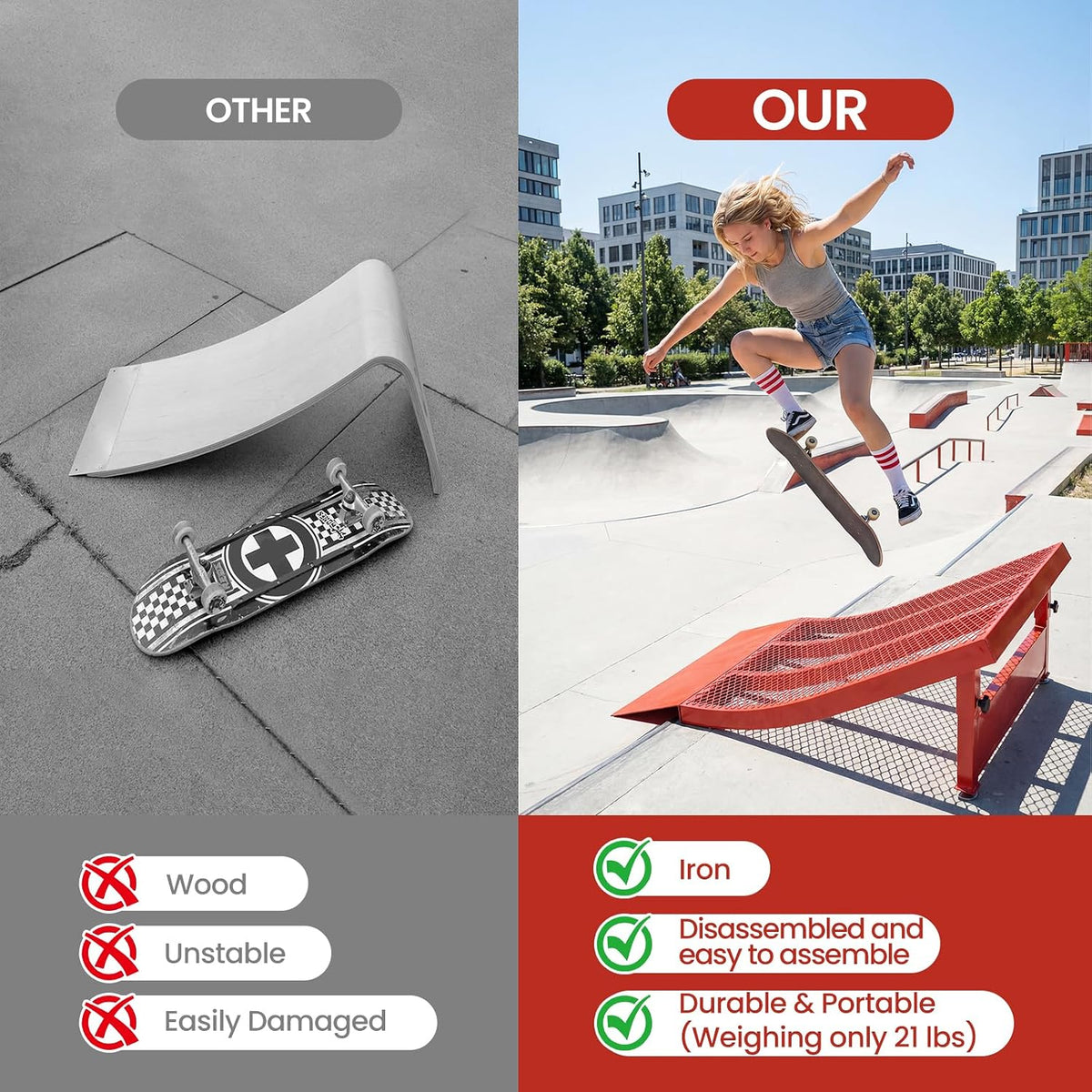 Removable Skateboard Ramps - Heavy Duty Metal Bike Ramps for Kids Ages 7-16 S,Skateboard/Dirt Bike/RC/Jump Ramp | 300Lbs Capacity,45Â° Slopes & Portable with Rubber Feet
