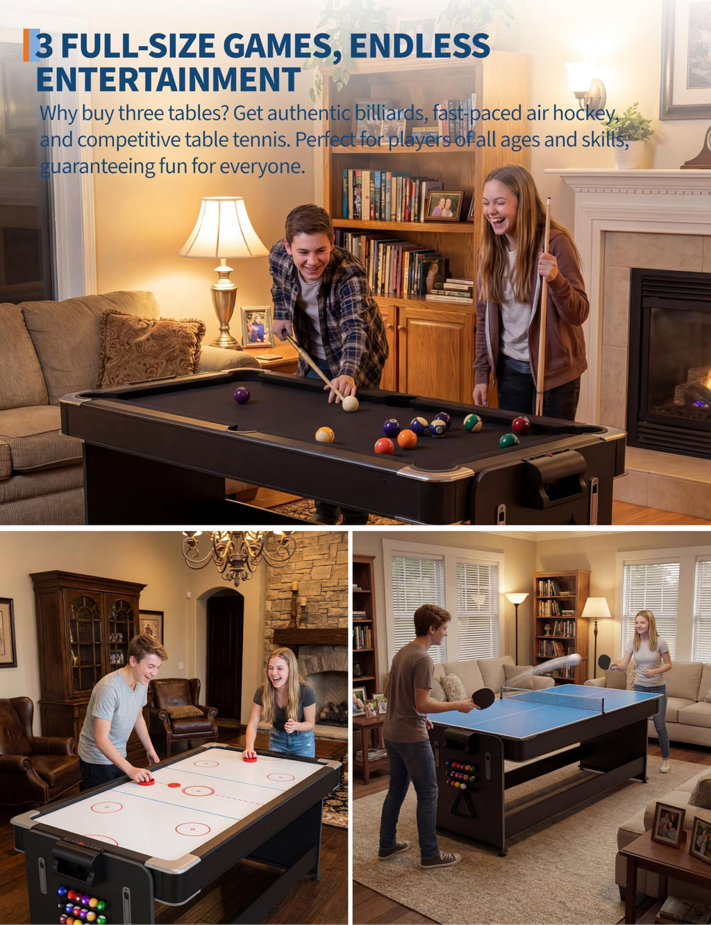 Garvee 7 ft 3-in-1 Game Table with Air Hockey, Billiards and Table Tennis