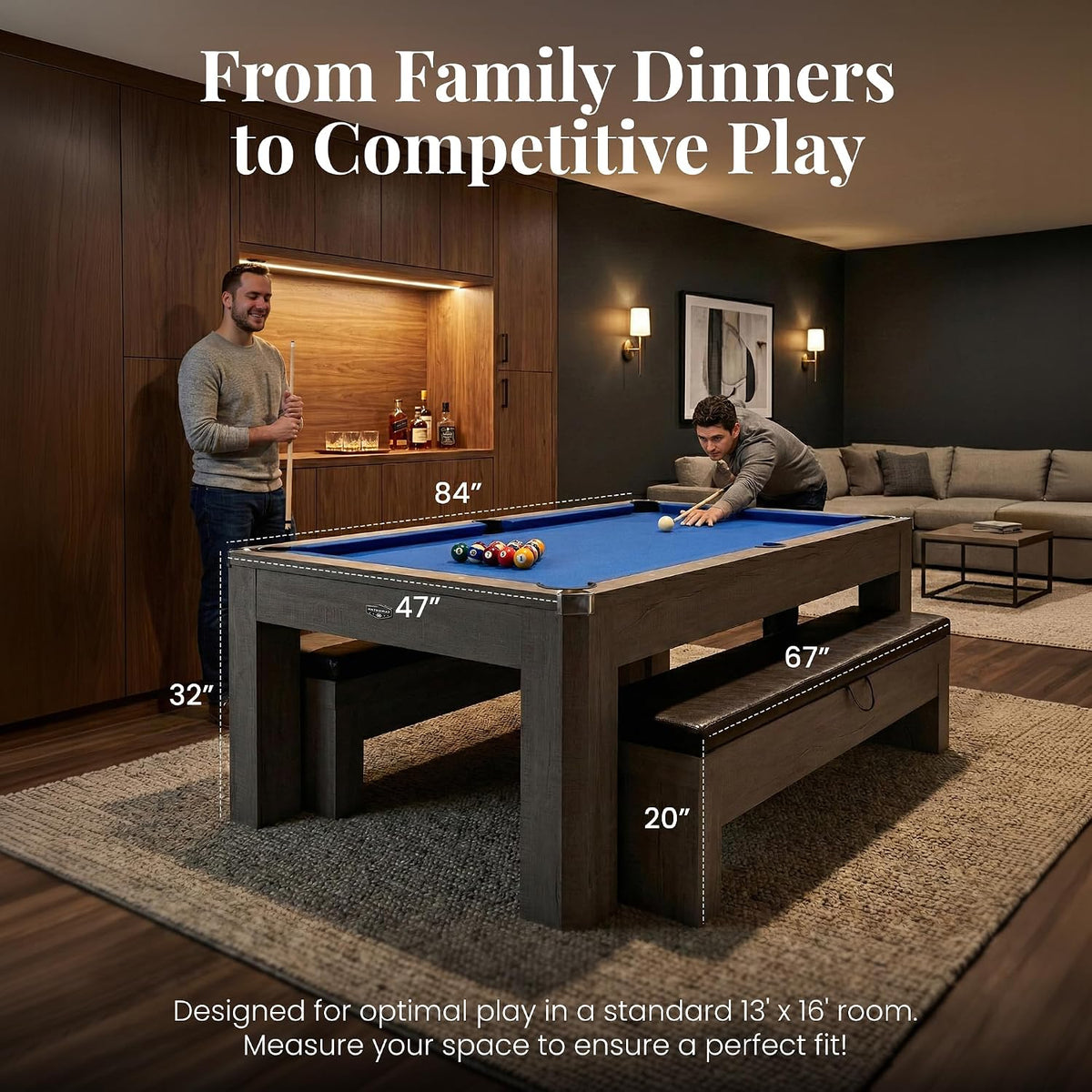 Hathaway Newport 7 Ft Pool Table Combo, 3-in-1 Game Table with Benches