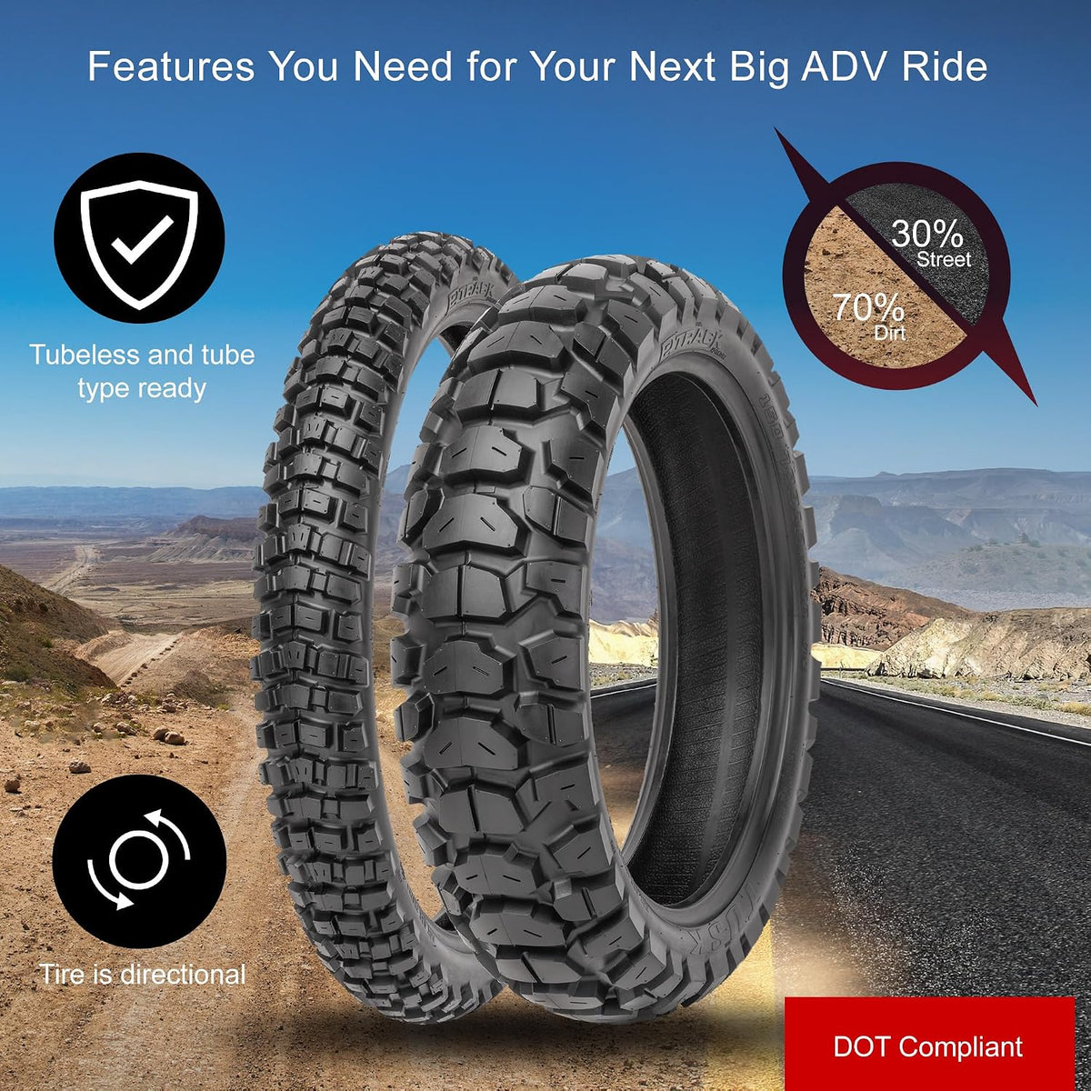 Tusk 2Track Adventure Tire Rear 150/70B-18 (70T) â Dual-Sport Motorcycle Tire, Directional Knobby Tread, Durable Bias Construction, DOT Compliant