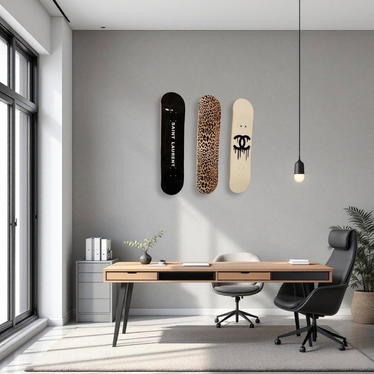 BDTrims 3 Pack Designer-Influenced Pop Art Skateboard Deck Set, Black White and Leopard Print, Premium 7-Ply Maple, Wall Decor, Customization Available