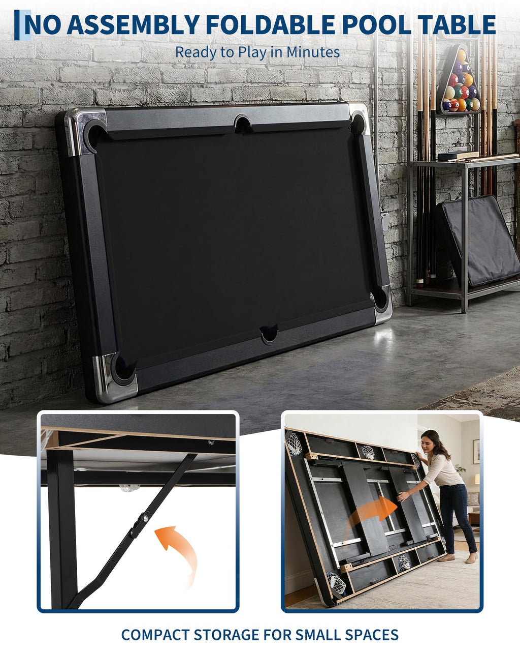 7 Foot Pool Table for Family, Foldable No Assembly Pool Table with Balls, Cues, Chalk, Rack & Brush, Portable Billiards Game Table for Apartment, Basement, Office & Game Room