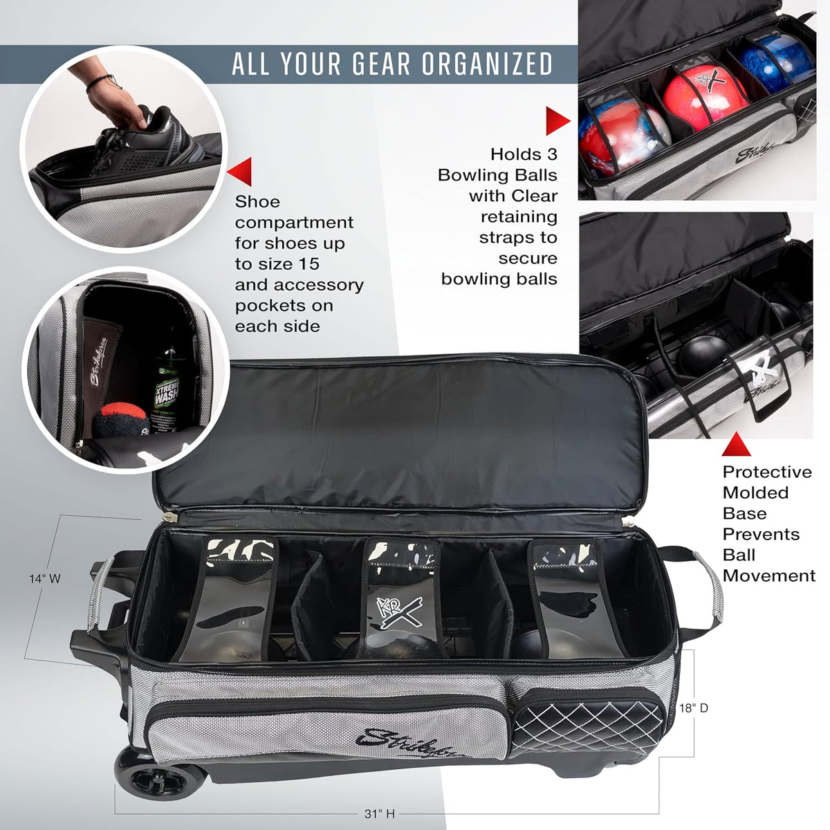 KR Strikeforce Royal Flush Triple Roller Bowling Bag for Three Bowling Balls, Shoes & Accessories