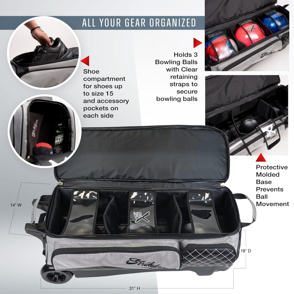 KR Strikeforce Royal Flush Triple Roller Bowling Bag for Three Bowling Balls, Shoes & Accessories