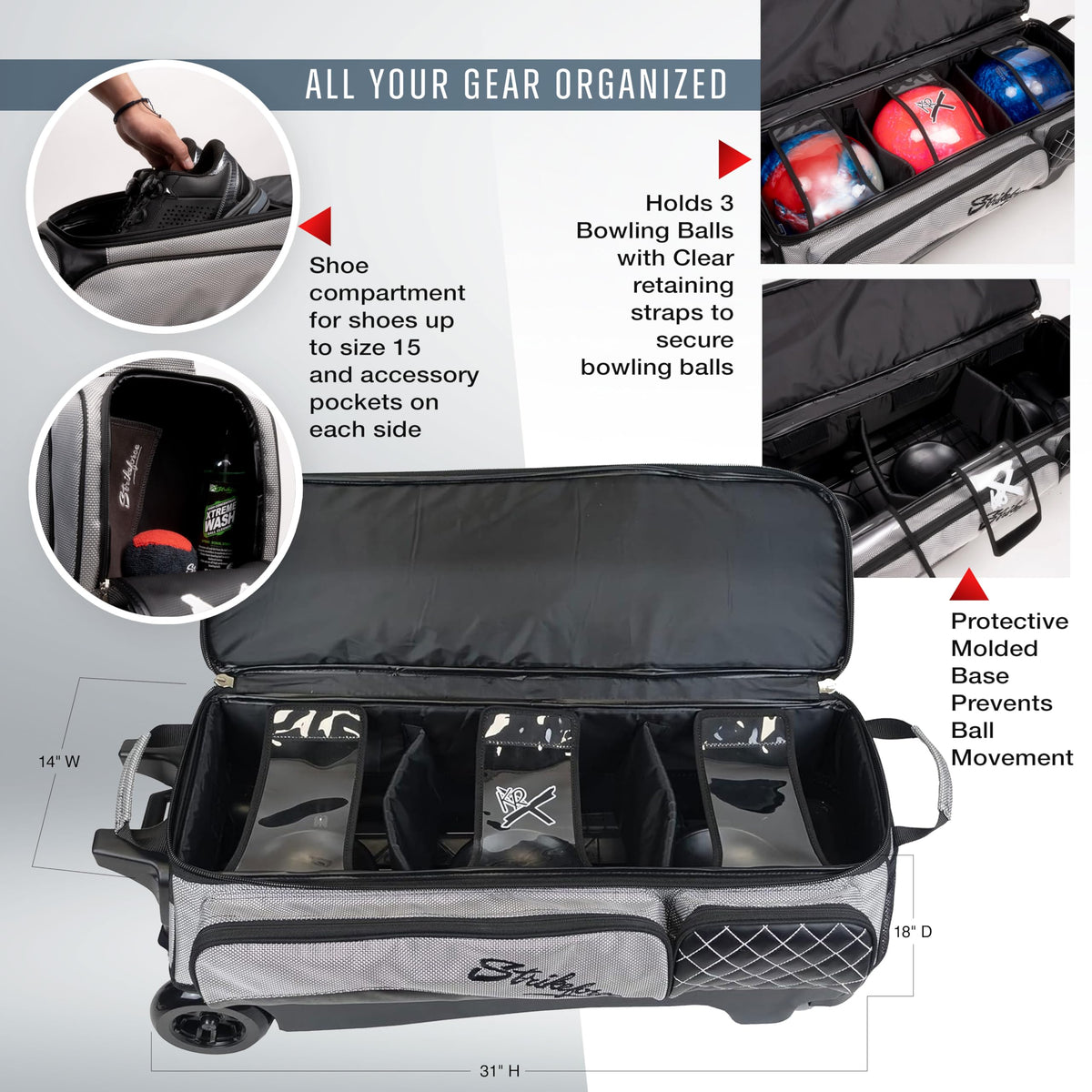 KR Strikeforce Royal Flush Triple Roller Bowling Bag for Three Bowling Balls, Shoes & Accessories