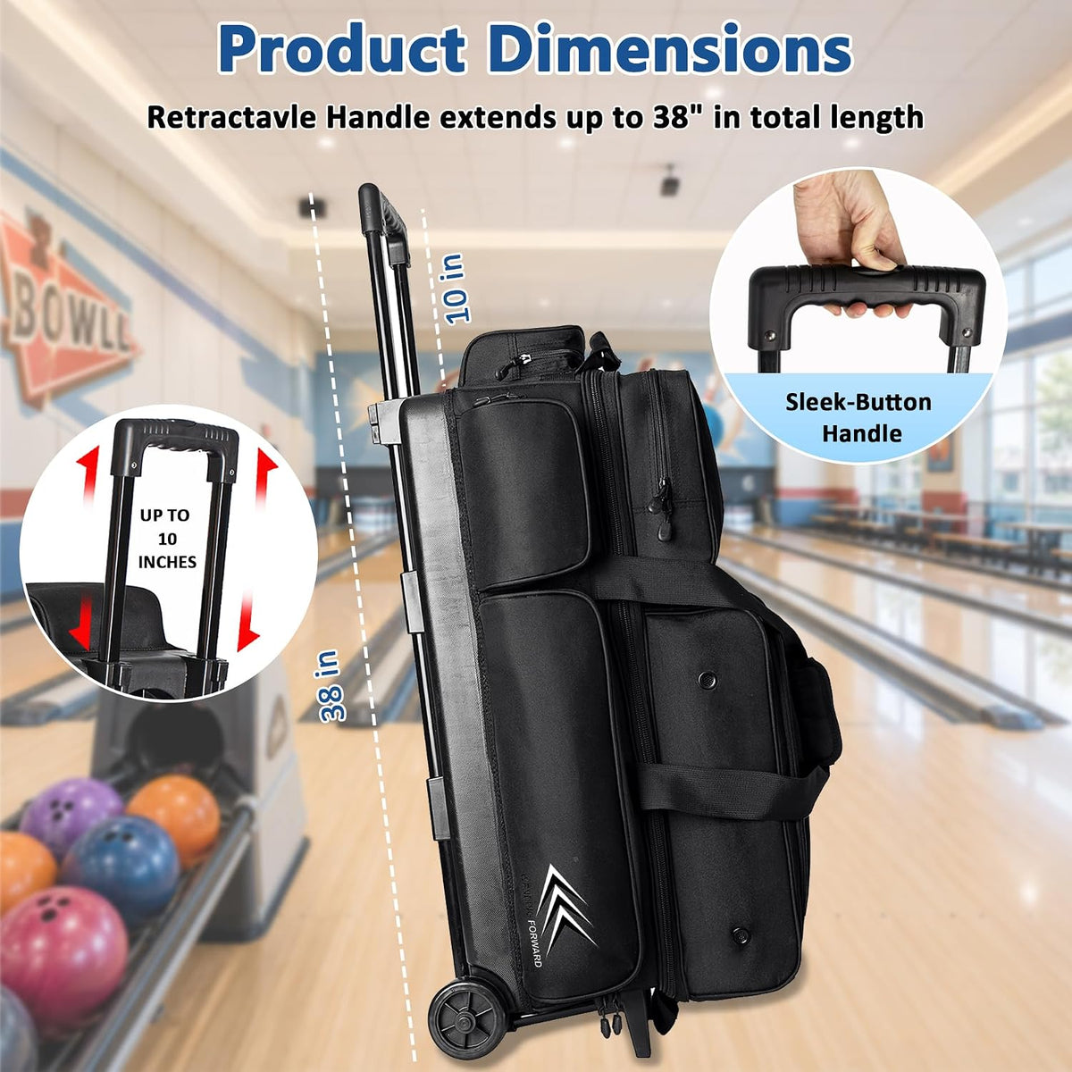 WF 3 Ball Roller Bowling Bag with Wheels & Separate Shoes Pocket