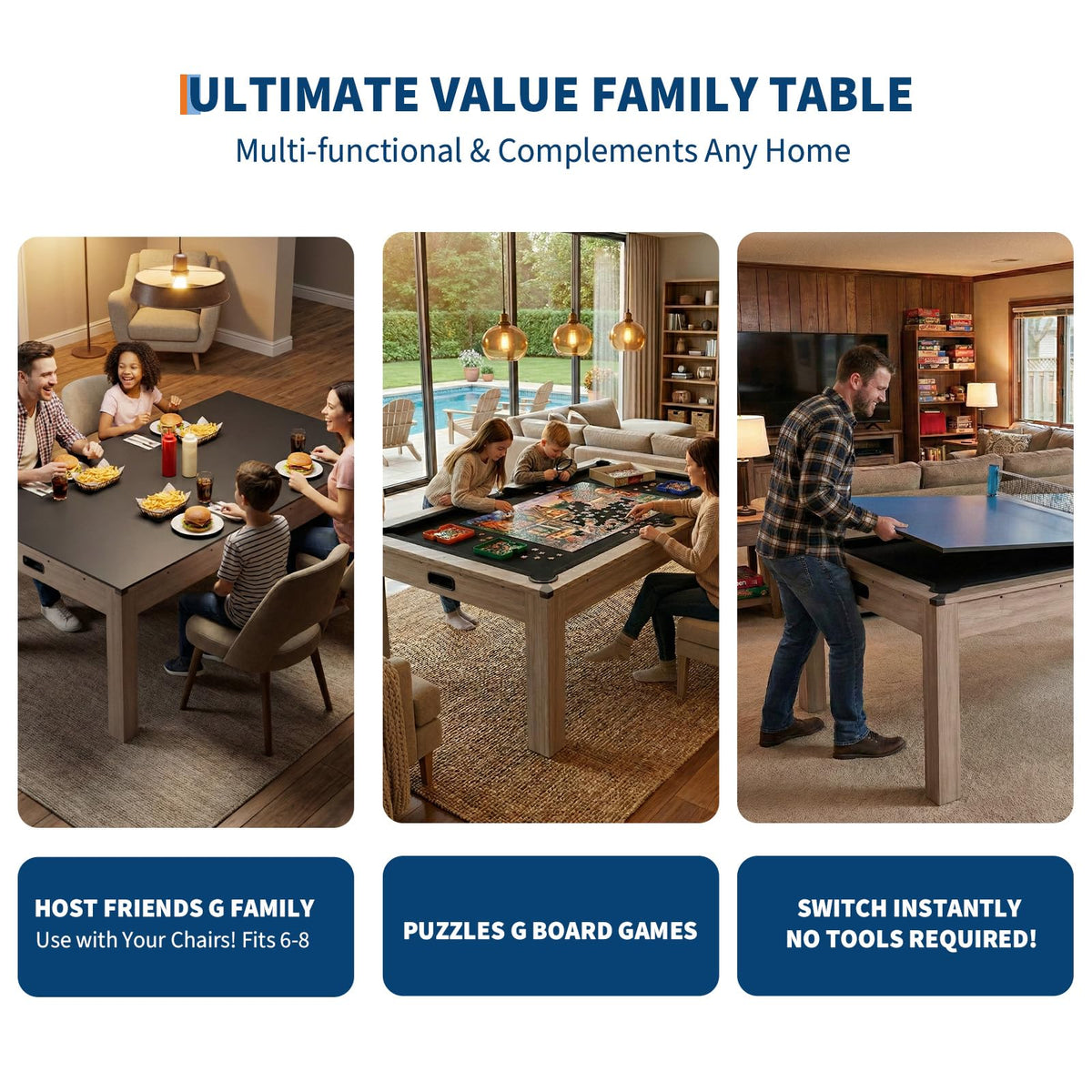 7 ft Pool Table Combo,3 in 1 Pool, Dining, & Table Tennis