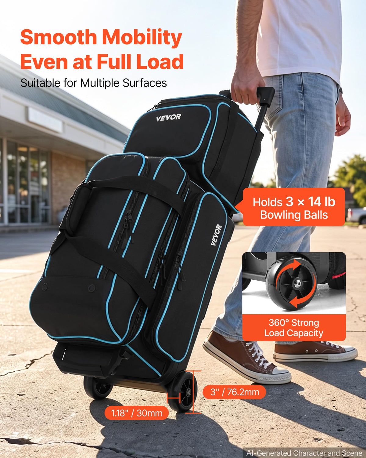 VEVOR 3 Ball Bowling Bag Double Roller Bag with Separate Shoe Compartment