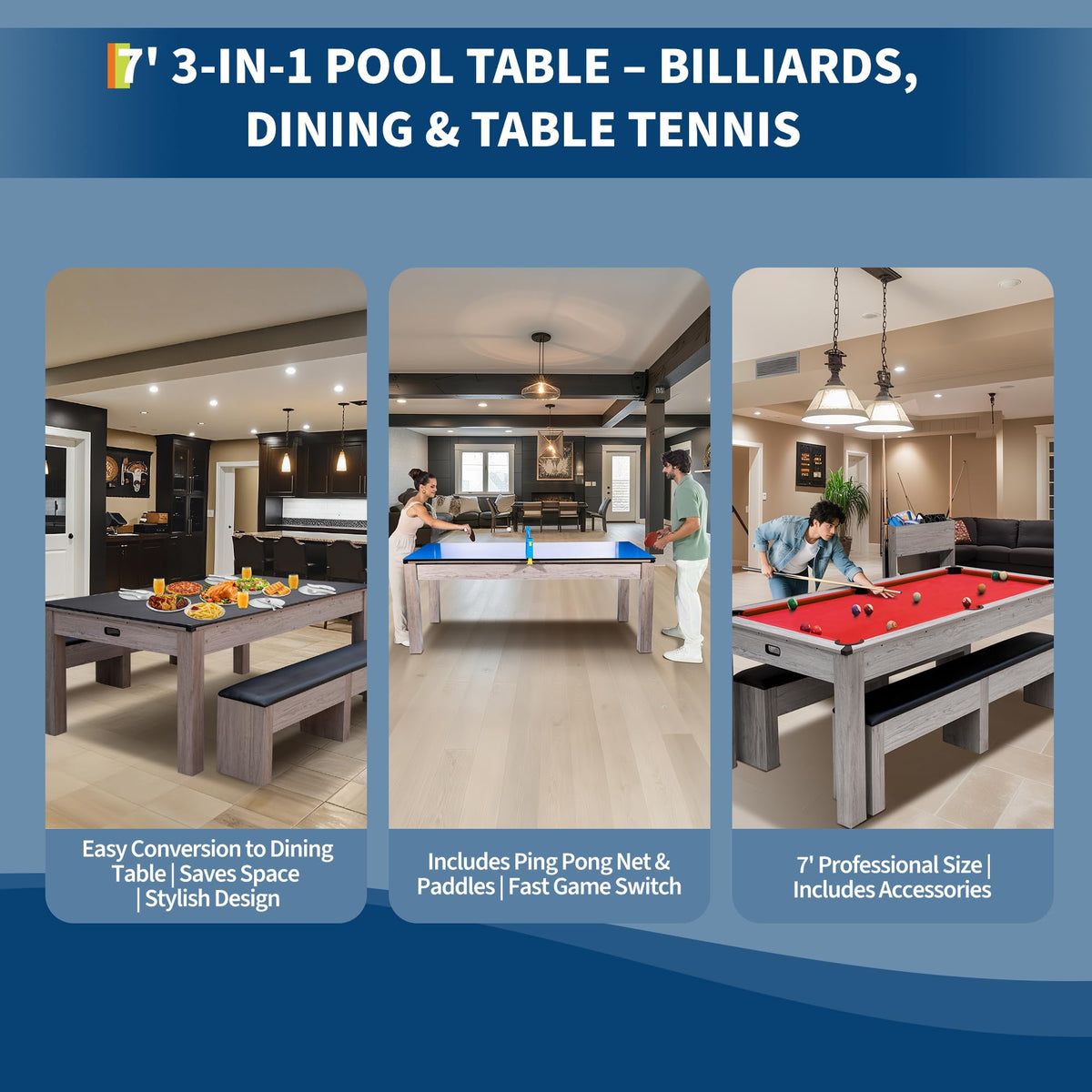 Garvee 7FT 3-in-1 Pool Table Dining Top & Ping Pong